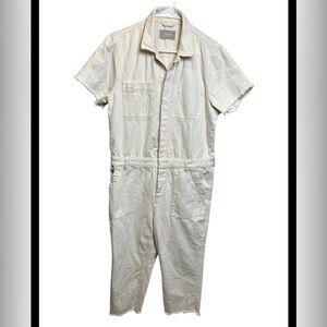 Everlane Cream Organic Cotton Short Sleeve Denim Coverall W Frayed Hem